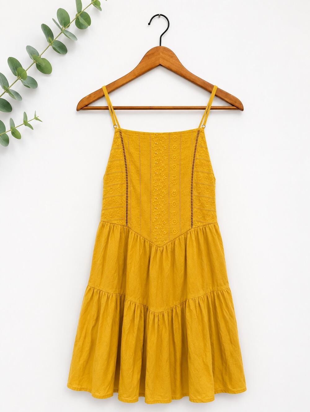 Mustard Yellow Eyelet Tiered Sundress Spaghetti Strap Dress Size L Cottagecore